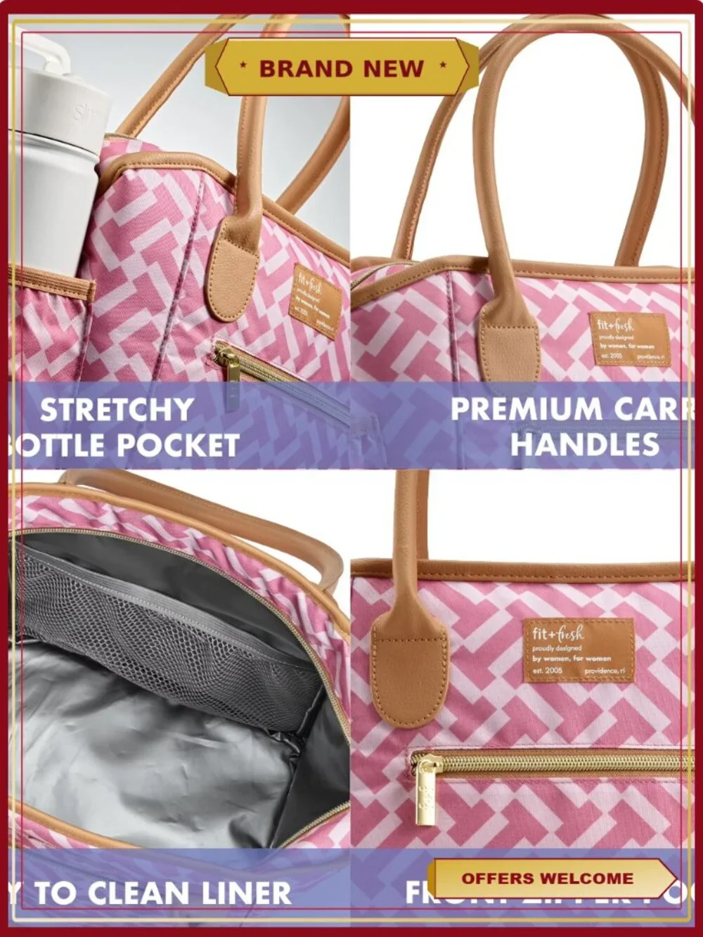 Insulated Lunch Tote with XL Slim Ice Pack, Shoulder Straps, Front Pocket